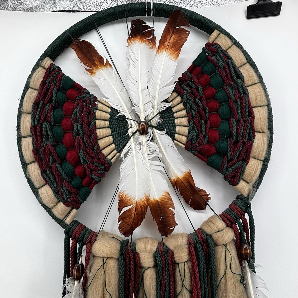Vintage Native American Mandala Dream Catcher Fur Wool Feathers Beaded Large 24"